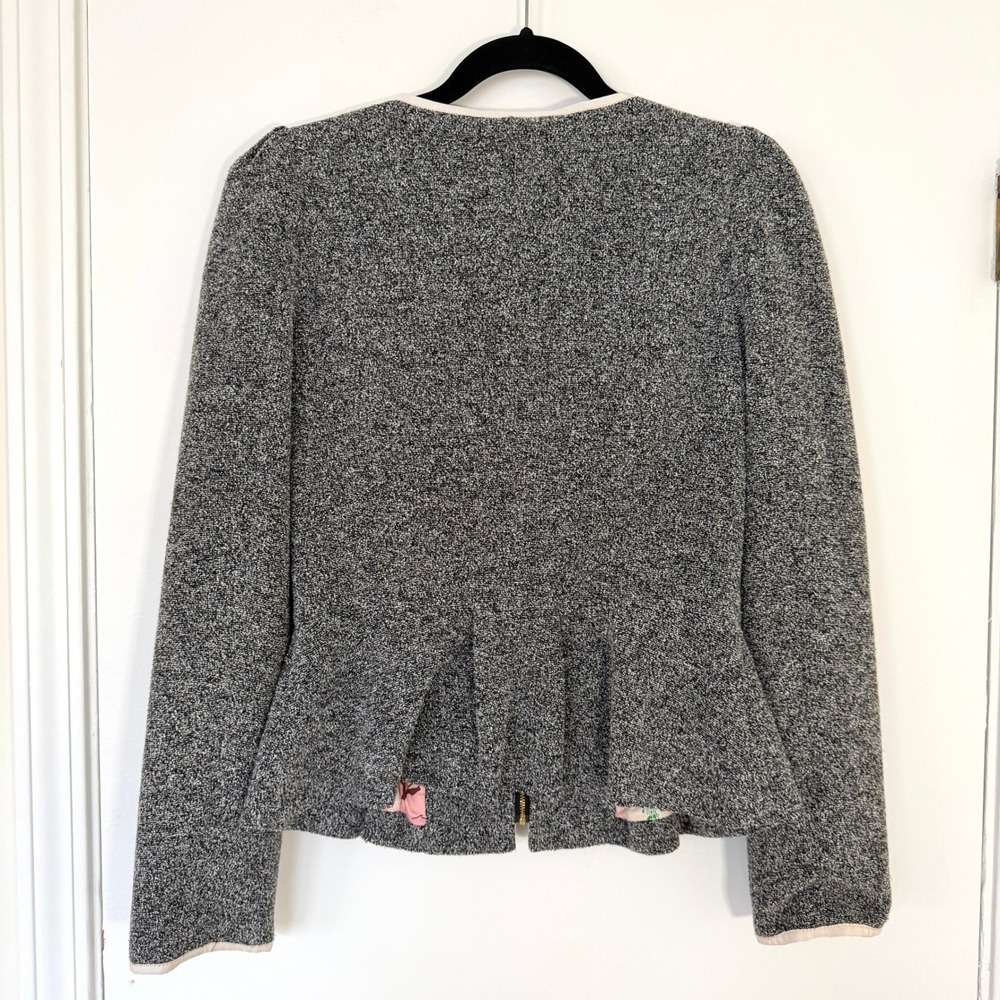 Anthropologie Elevenses Grey Tweed Peplum Zip Jacket Pink Floral Lining Size 6 - Picture 4 of 8
